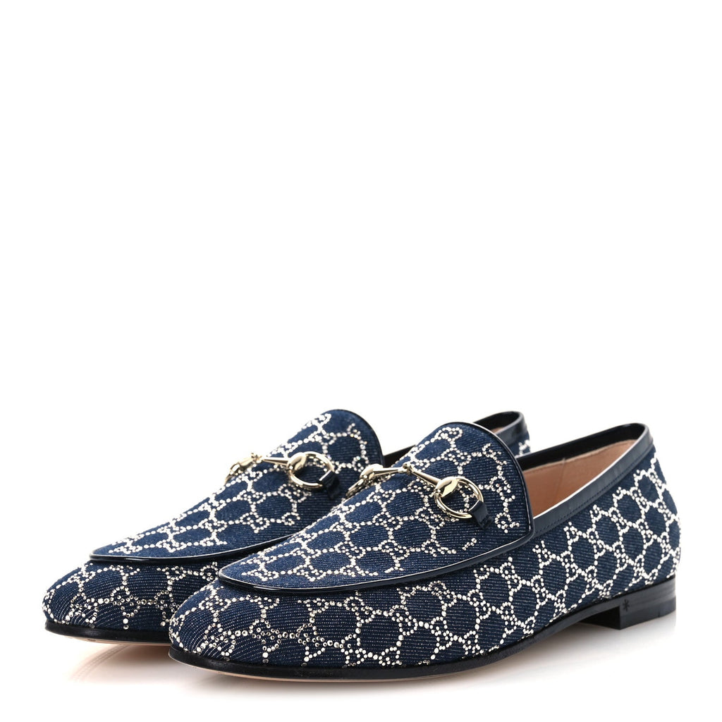 Gucci Denim Crystal GG Monogram Horsebit Womens Jordaan Loafers 39.5 Deep Blue Blue Milad