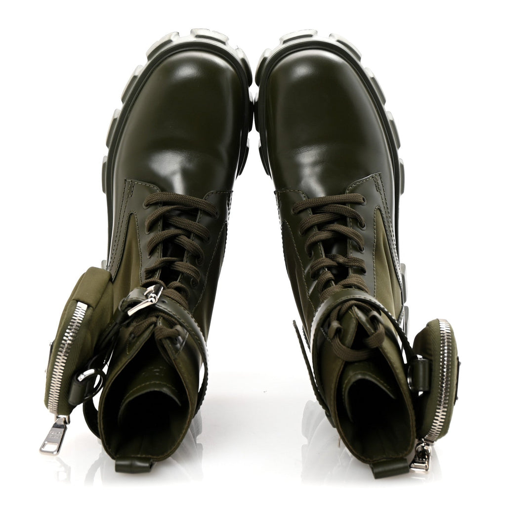 Prada Spazzolato Rois Re-Nylon Metal Triangle Logo Monolith Pouch Pocket 55mm Boots 37.5 Militare
