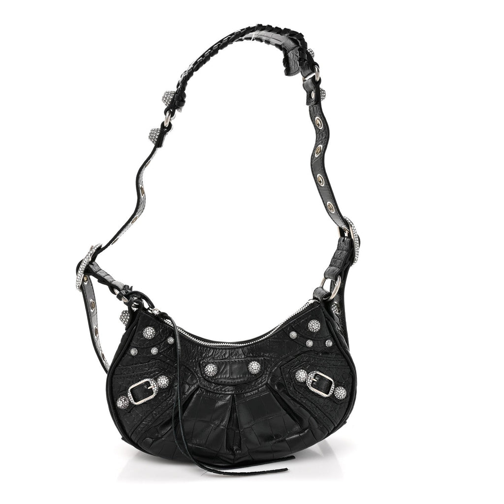 Balenciaga Extra Supple Calfskin Crystal Crocodile Embossed Le Cagole Shoulder Bag XS Black