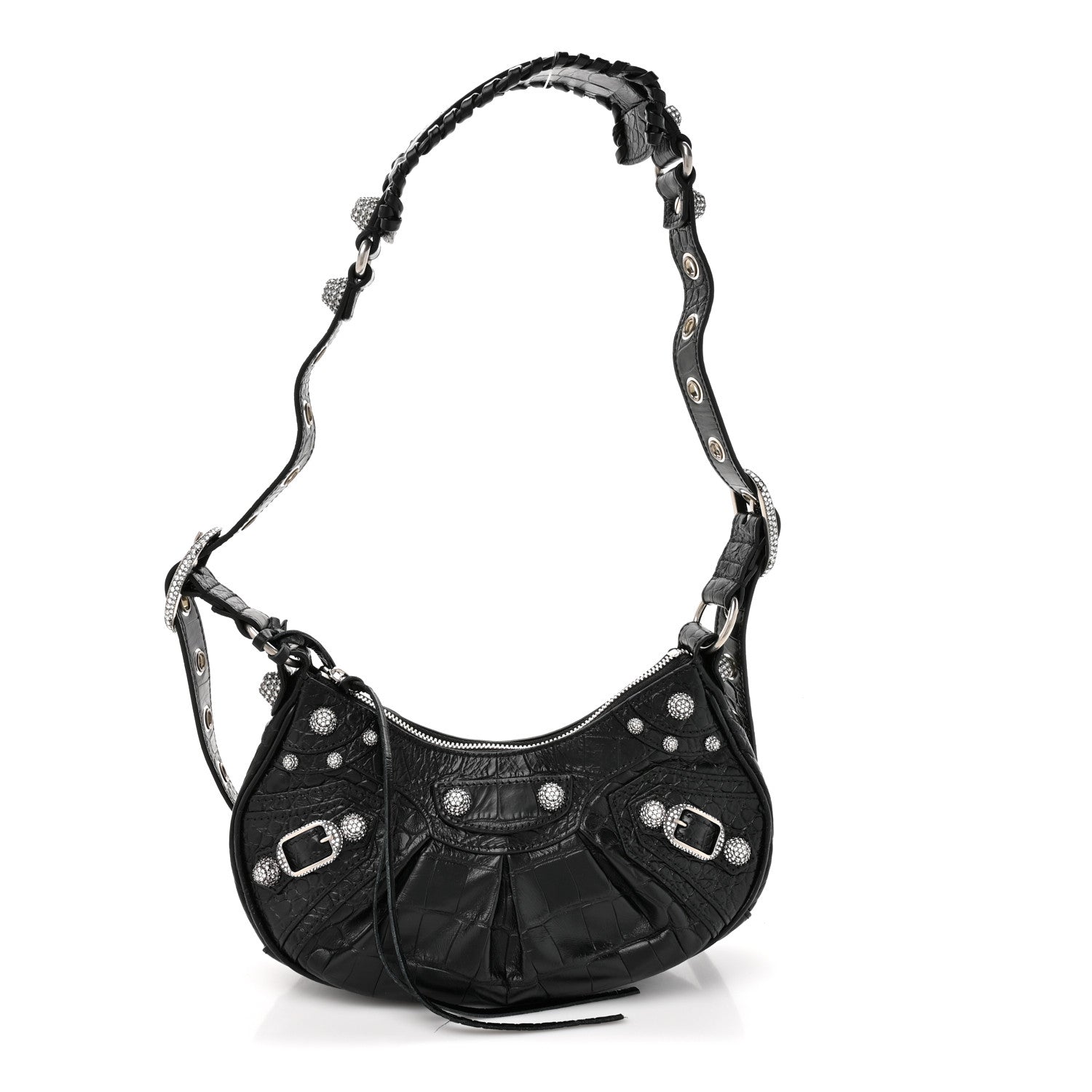 Balenciaga Extra Supple Calfskin Crystal Crocodile Embossed Le Cagole Shoulder Bag XS Black