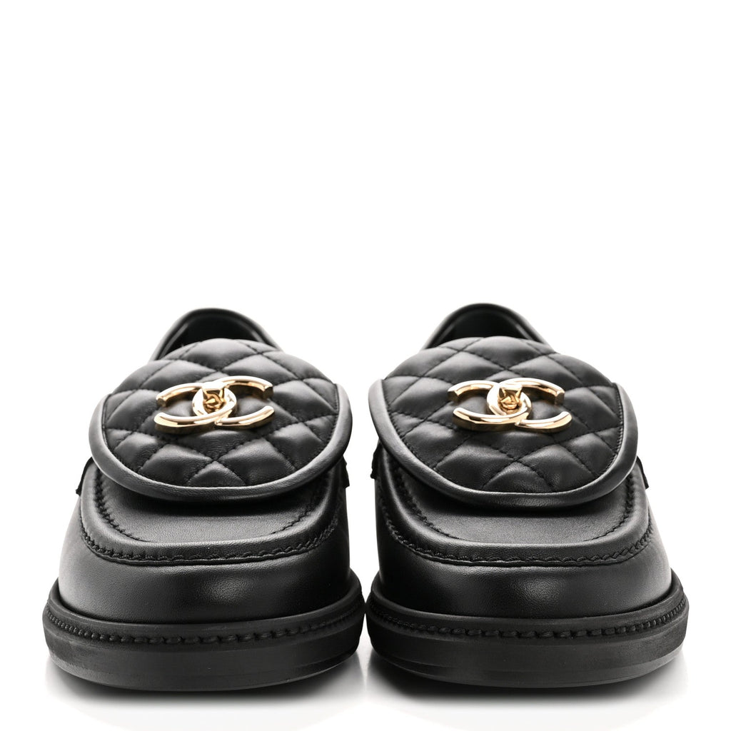 Chanel Lambskin Quilted CC Turnlock Loafers 37.5 Black