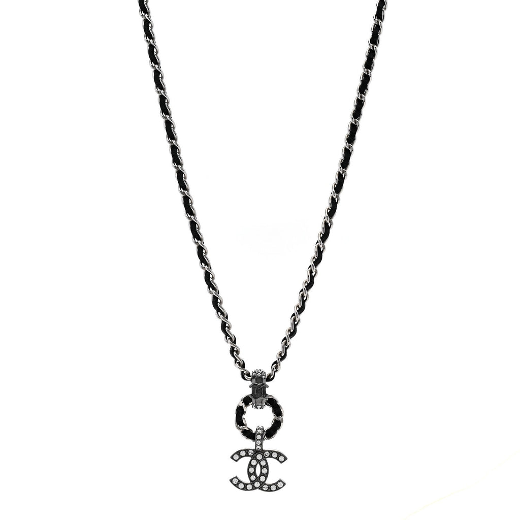 Chanel Lambskin Crystal Chain Choker Necklace Silver Black