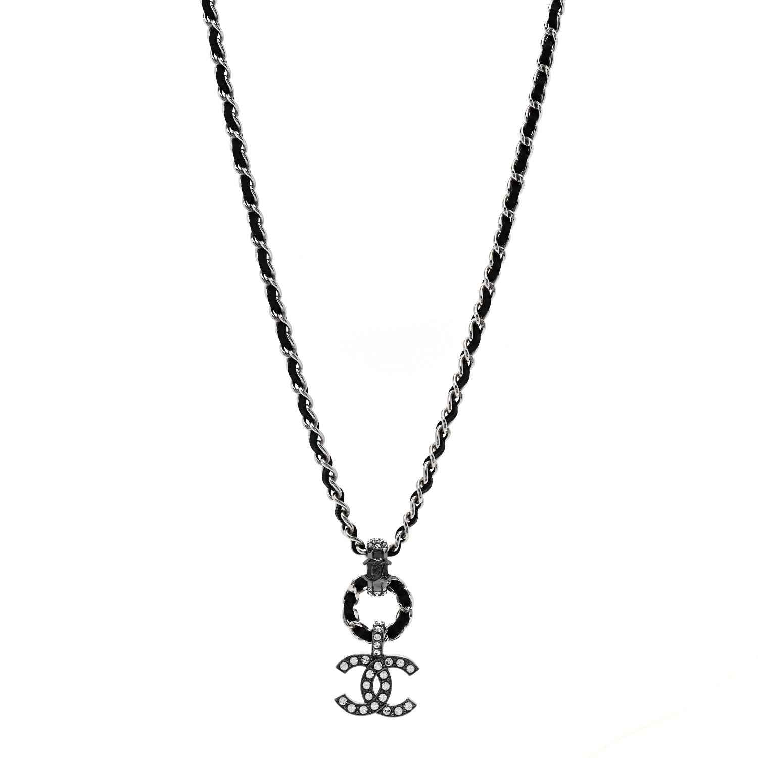 Chanel Lambskin Crystal Chain Choker Necklace Silver Black