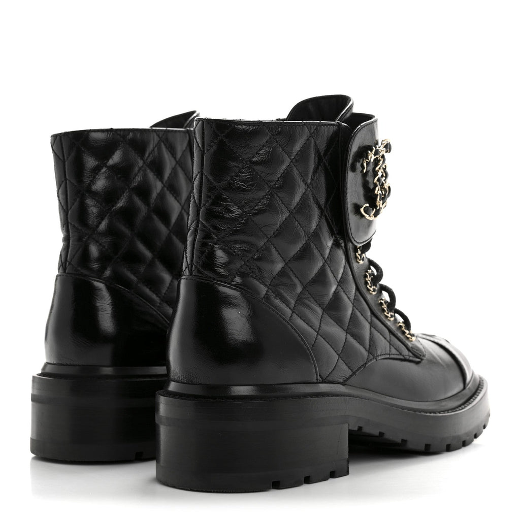 Chanel Shiny Lambskin Quilted Lace Up Combat Boots 37 Black