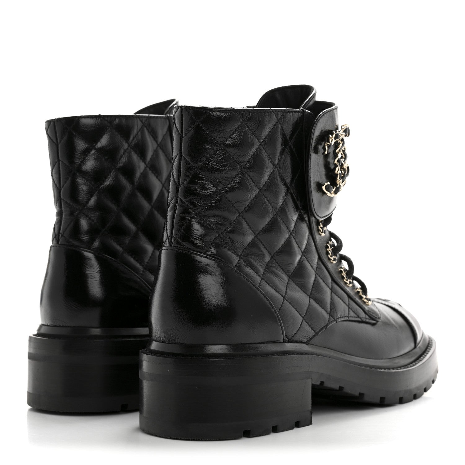 Chanel Shiny Lambskin Quilted Lace Up Combat Boots 37 Black