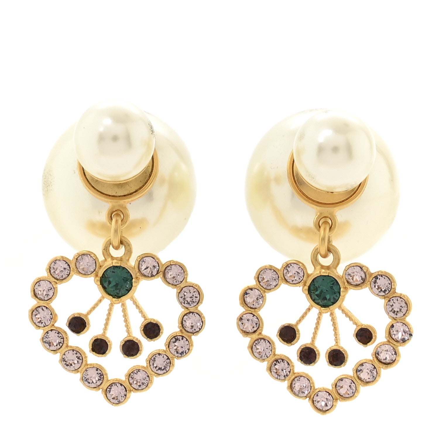 Christian Dior Pearl Crystal Heart Tribal Earrings Gold Multicolor