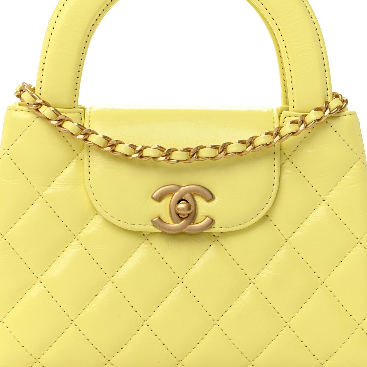 Chanel Shiny Aged Calfskin Quilted Nano Kelly Shopper Light Yellow
