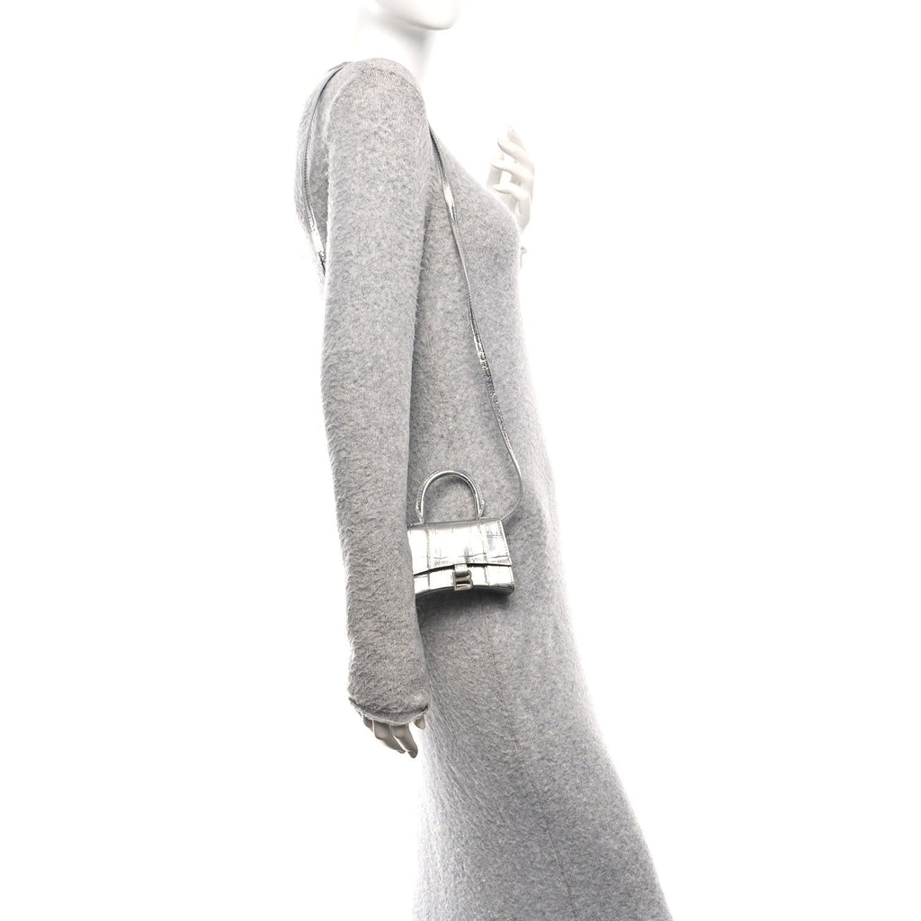 Balenciaga Metallic Calfskin Crocodile Embossed Hourglass Top Handle Bag Mini Silver