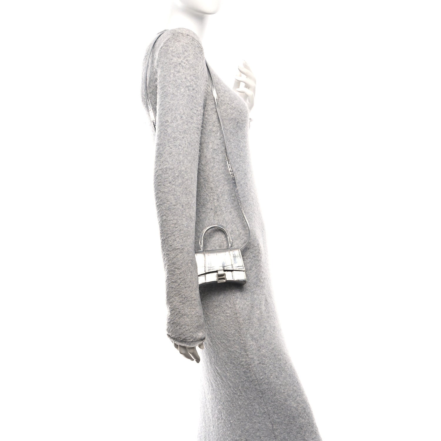 Balenciaga Metallic Calfskin Crocodile Embossed Hourglass Top Handle Bag Mini Silver