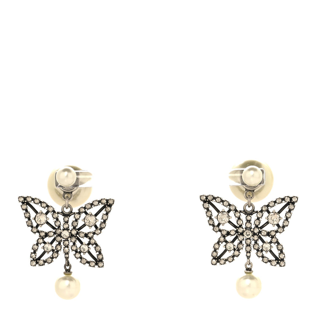 Christian Dior Crystal Pearl Butterfly Drop Earrings Silver