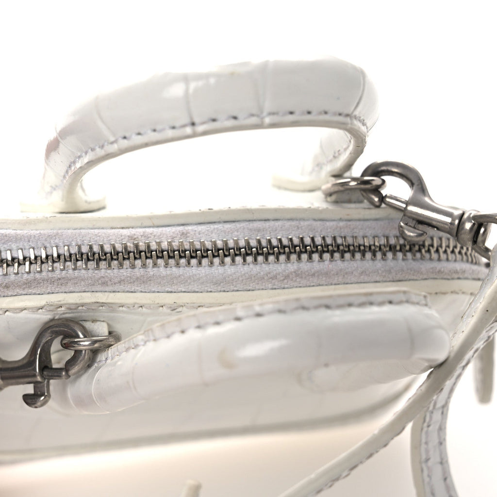 Balenciaga Calfskin Logo Crocodile Embossed Mini Ville Top Handle Bag White Black