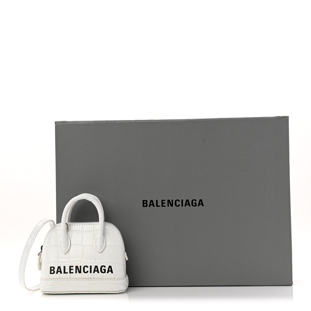 Balenciaga Calfskin Logo Crocodile Embossed Mini Ville Top Handle Bag White Black