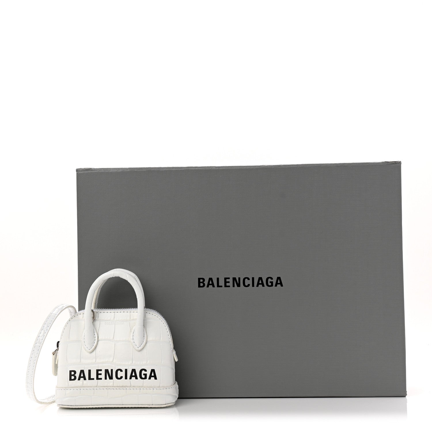 Balenciaga Calfskin Logo Crocodile Embossed Mini Ville Top Handle Bag White Black
