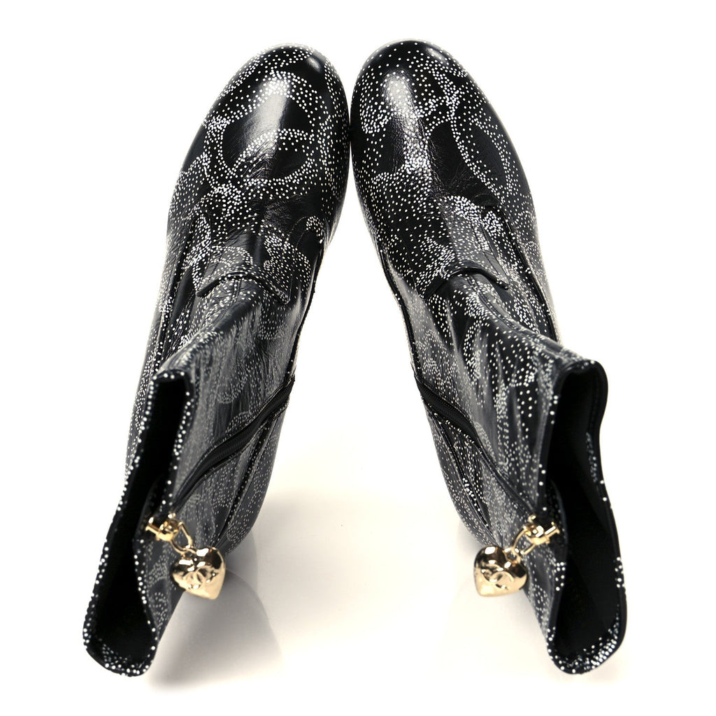 Chanel Calfskin Camellia Printed Ankle Boots 39 Black White