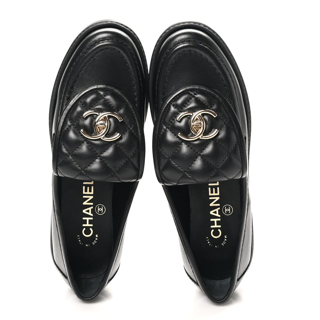 Chanel Lambskin Quilted CC Turnlock Loafers 35.5 Black