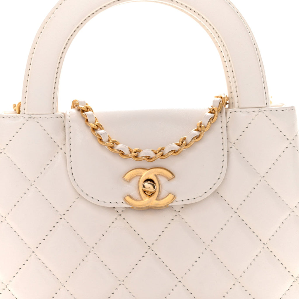 Chanel Shiny Aged Calfskin Quilted Nano Kelly Shopper White