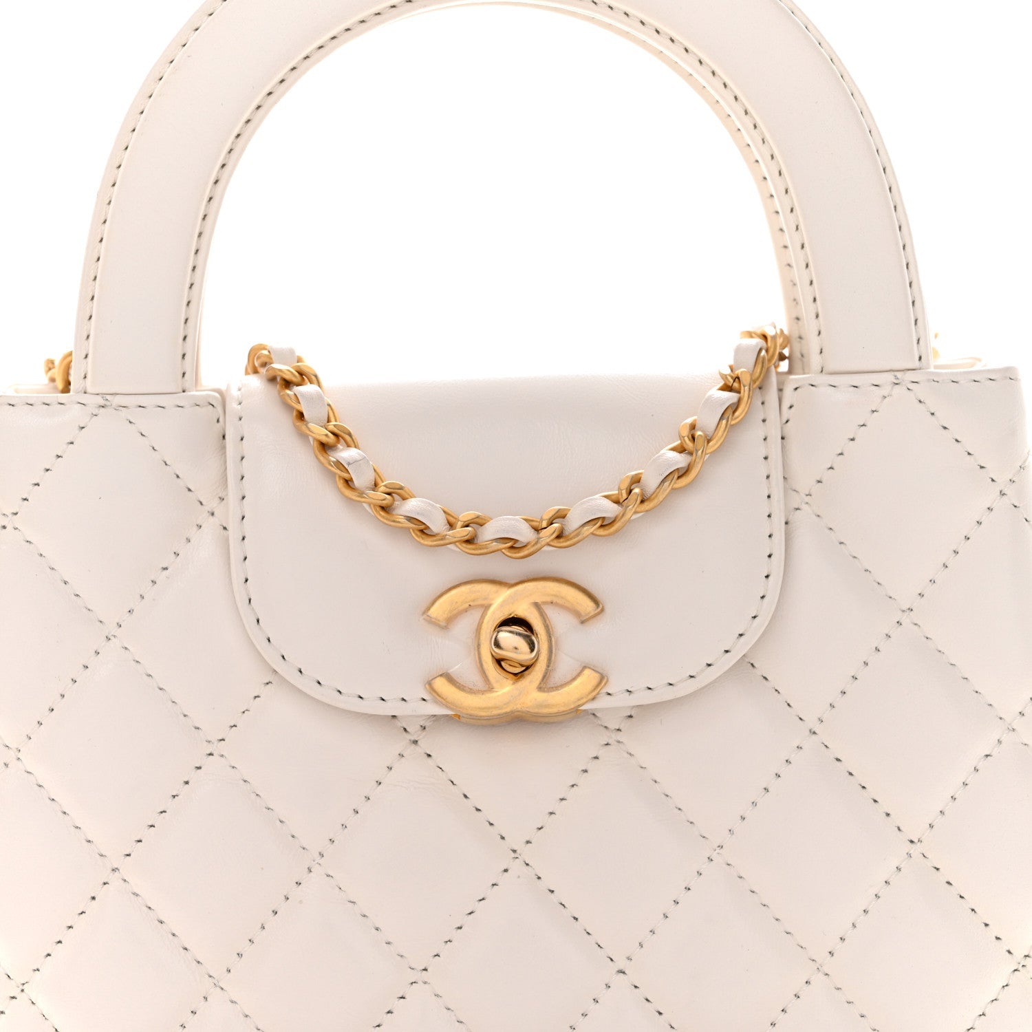 Chanel Shiny Aged Calfskin Quilted Nano Kelly Shopper White