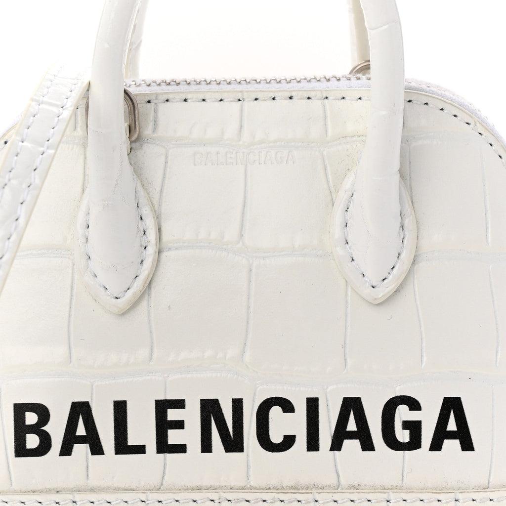 Balenciaga Calfskin Logo Crocodile Embossed Mini Ville Top Handle Bag White Black
