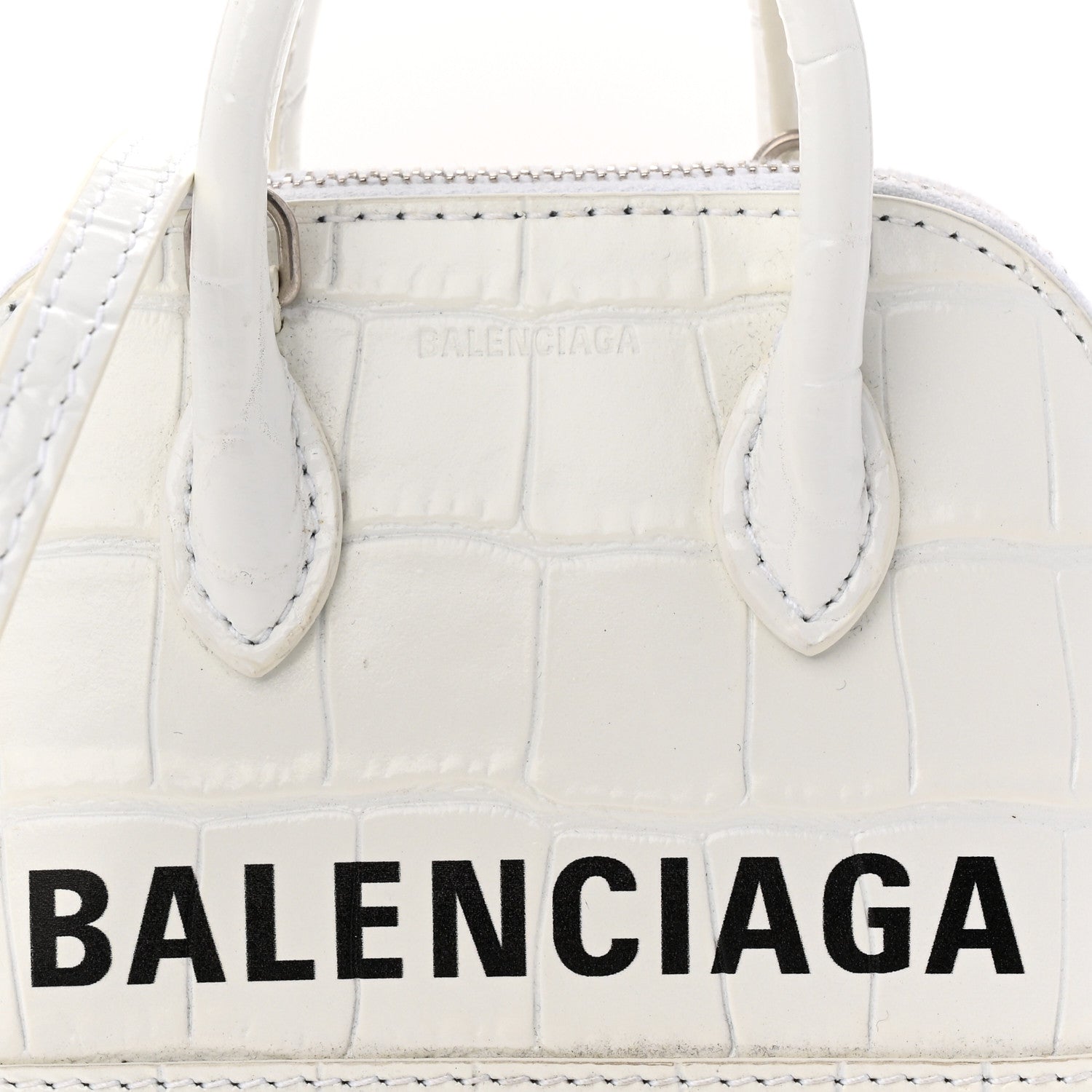 Balenciaga Calfskin Logo Crocodile Embossed Mini Ville Top Handle Bag White Black