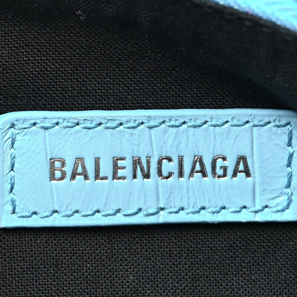 Balenciaga Extra Supple Calfskin Crocodile Embossed Le Cagole Shoulder Bag XS Sky Blue