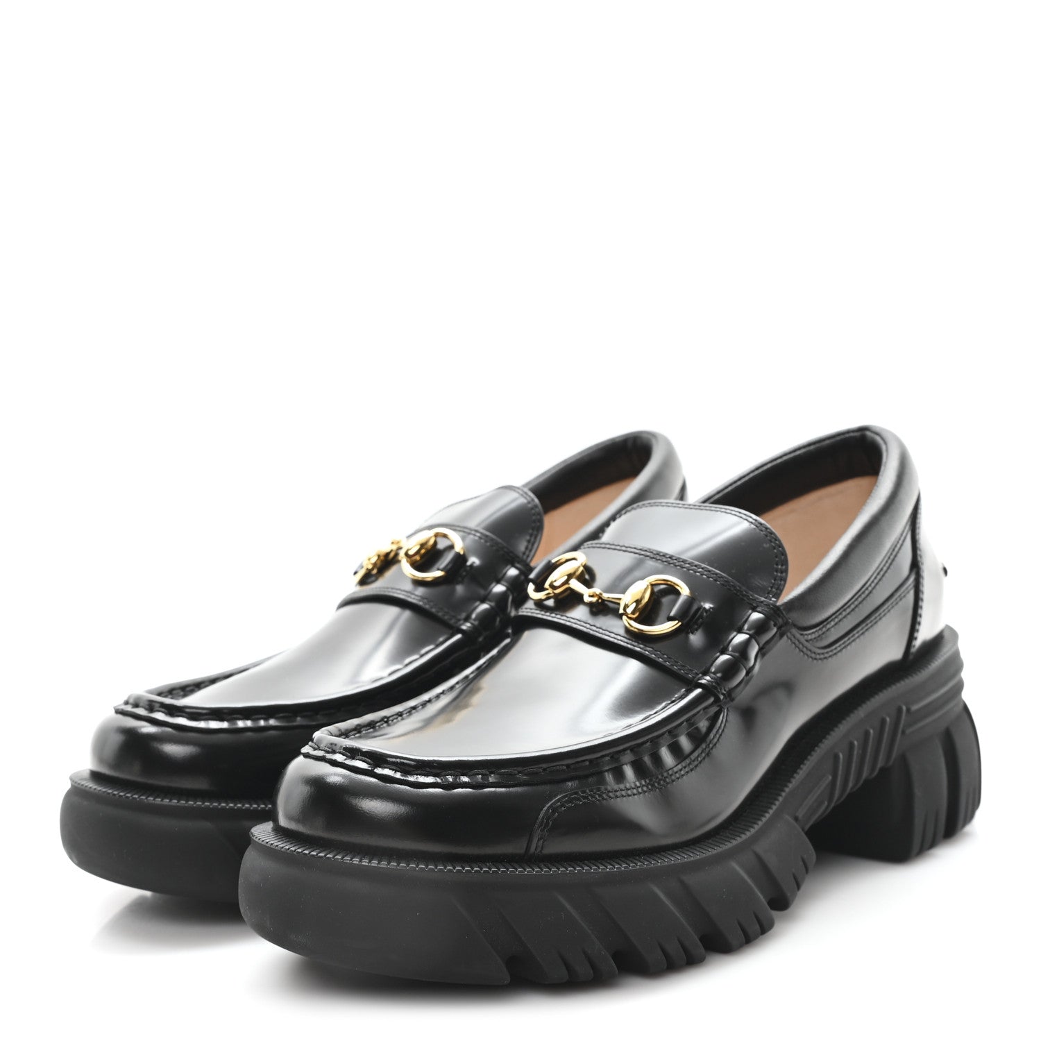 Gucci Magnum Calfskin Nappa Samoa Womens Horsebit Platform Chunky Lug Sole 40mm Loafers 41 Black