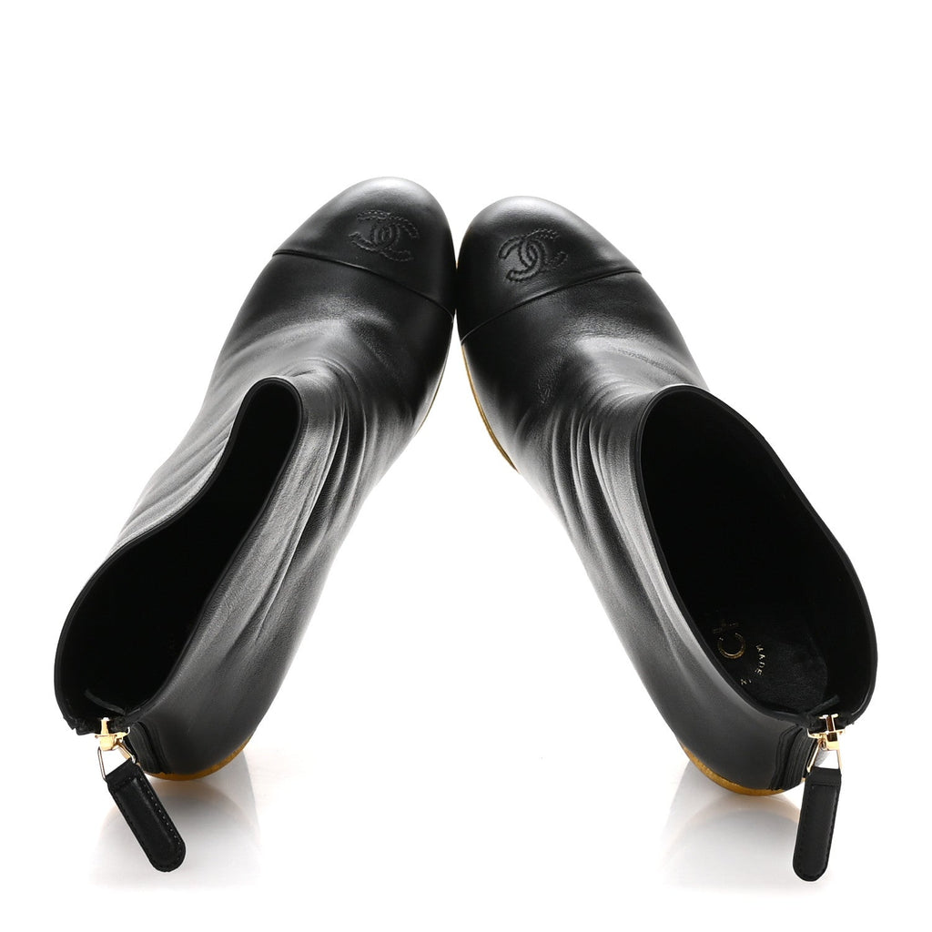 Chanel Lambskin Cap Toe Wedge Ankle Boots 38.5 Black