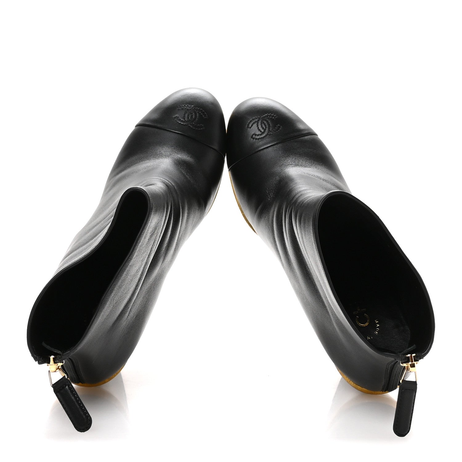 Chanel Lambskin Cap Toe Wedge Ankle Boots 38.5 Black