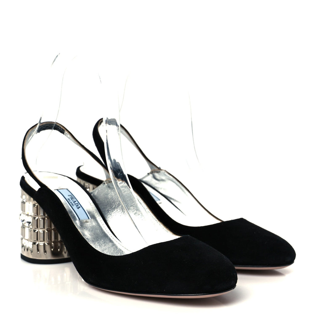 Prada Suede Crystal Block Heel Slingback Pump 37 Black