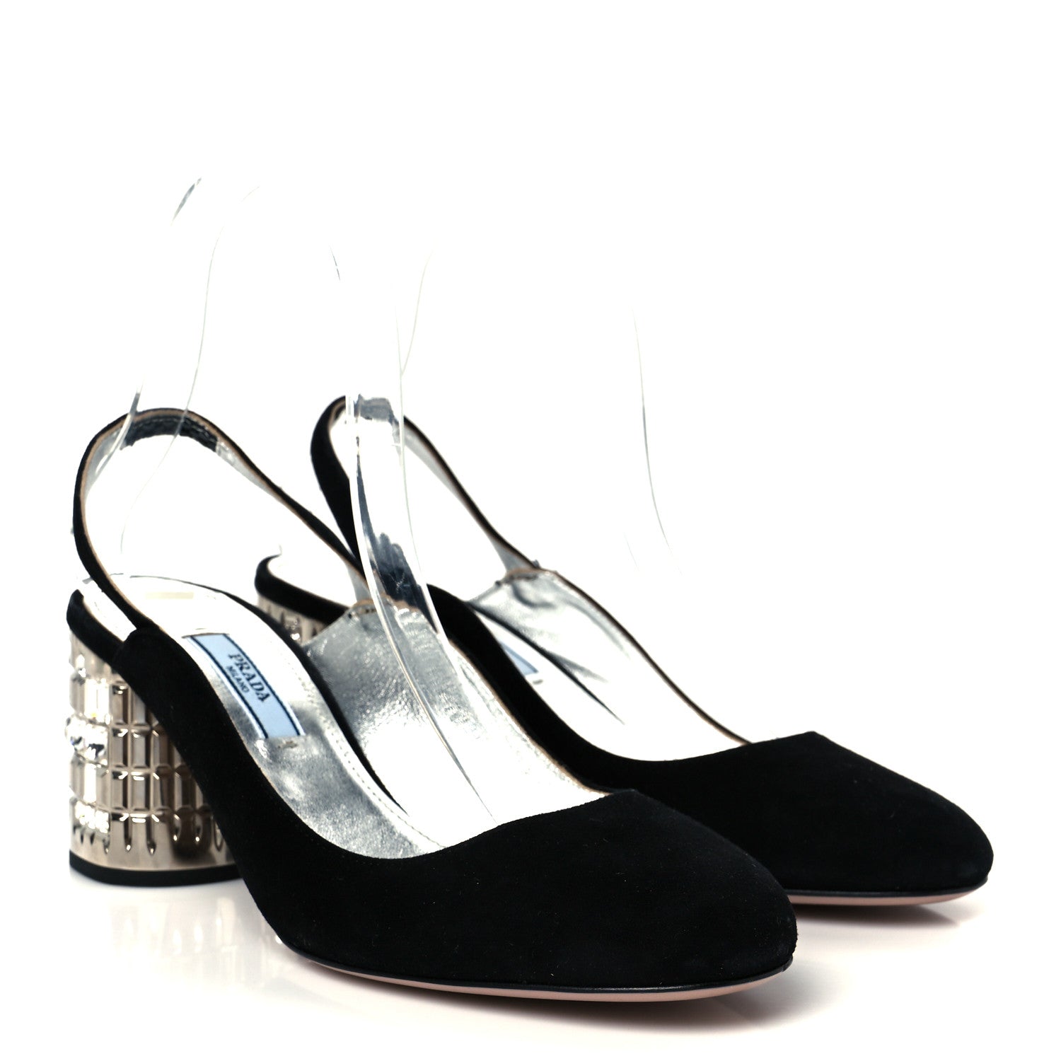 Prada Suede Crystal Block Heel Slingback Pump 37 Black