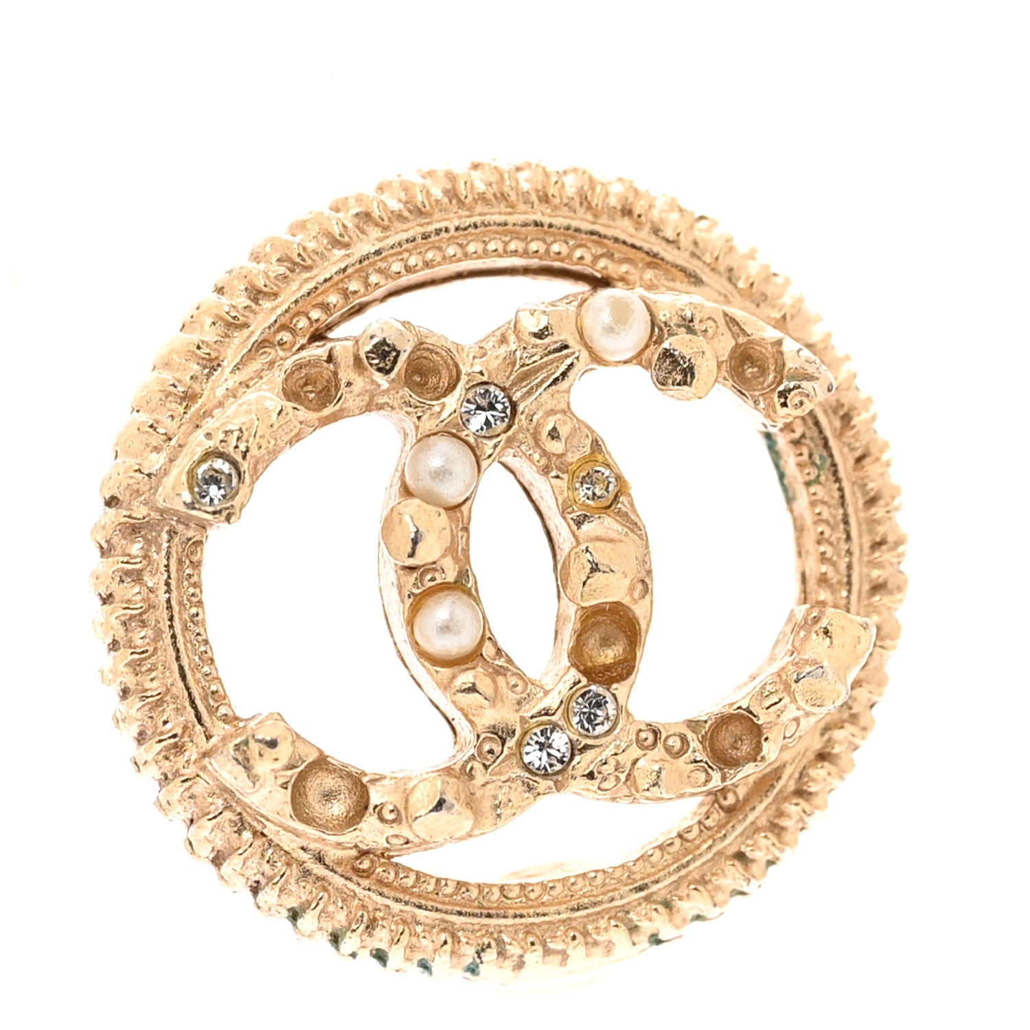 Chanel Pearl Crystal CC Round Earrings Gold