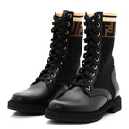 Fendi Calfskin Stretch Fabric Rockoko Biker Boots 37 Tobacco Black Marino