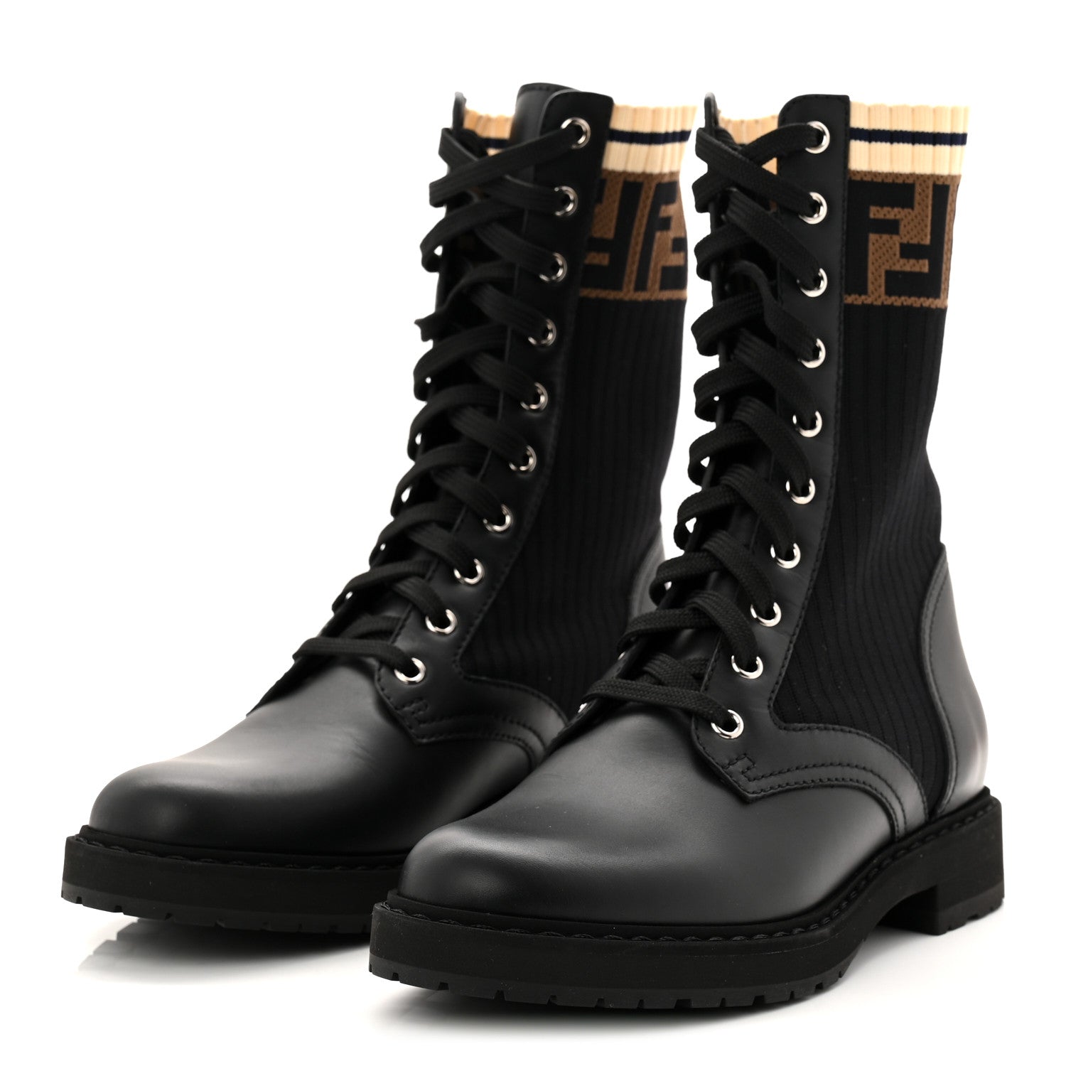 Fendi Calfskin Stretch Fabric Rockoko Biker Boots 37 Tobacco Black Marino