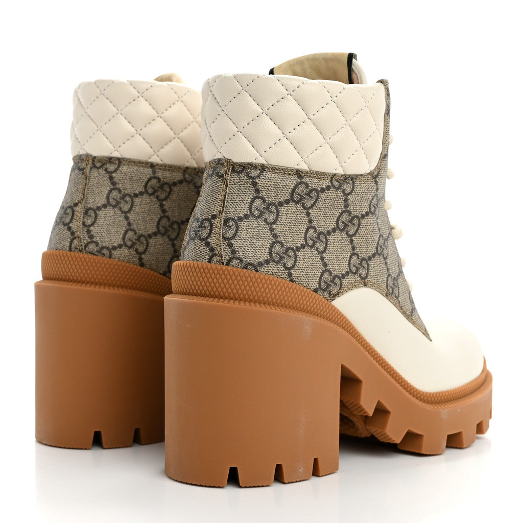Gucci Calfskin GG Supreme Monogram Nappa Quilted Lace Up Ankle Boots 35 Mystic White Beige