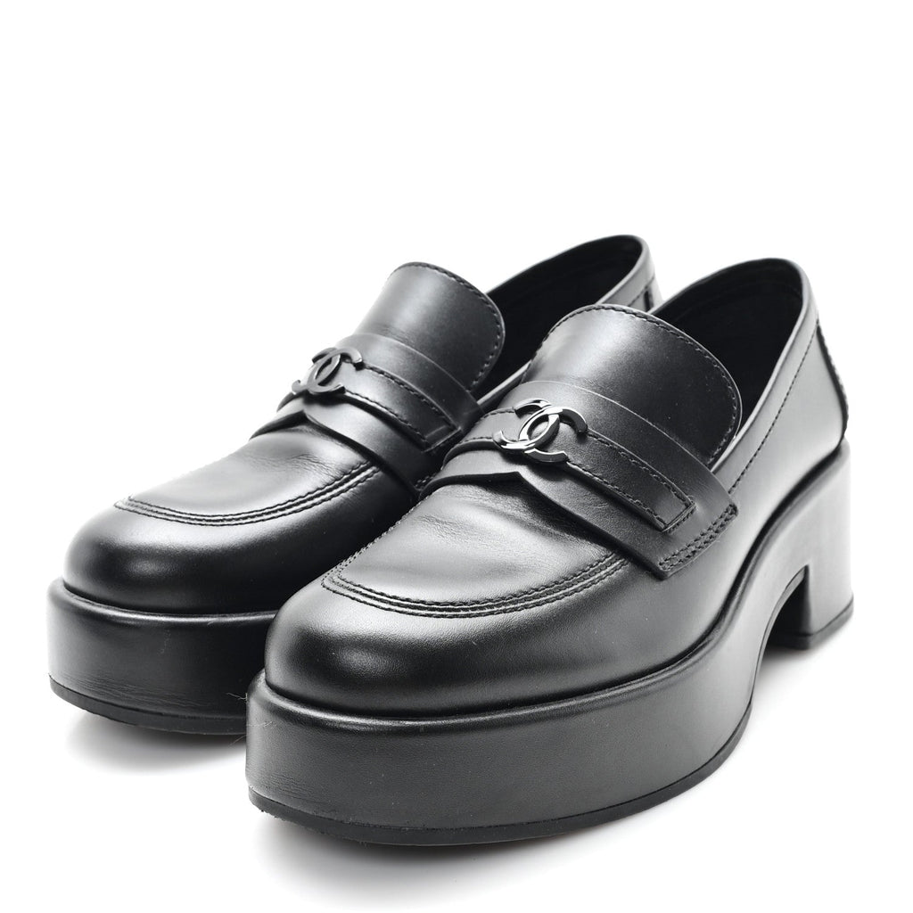 Chanel Calfskin CC Platform Loafers 38 Black