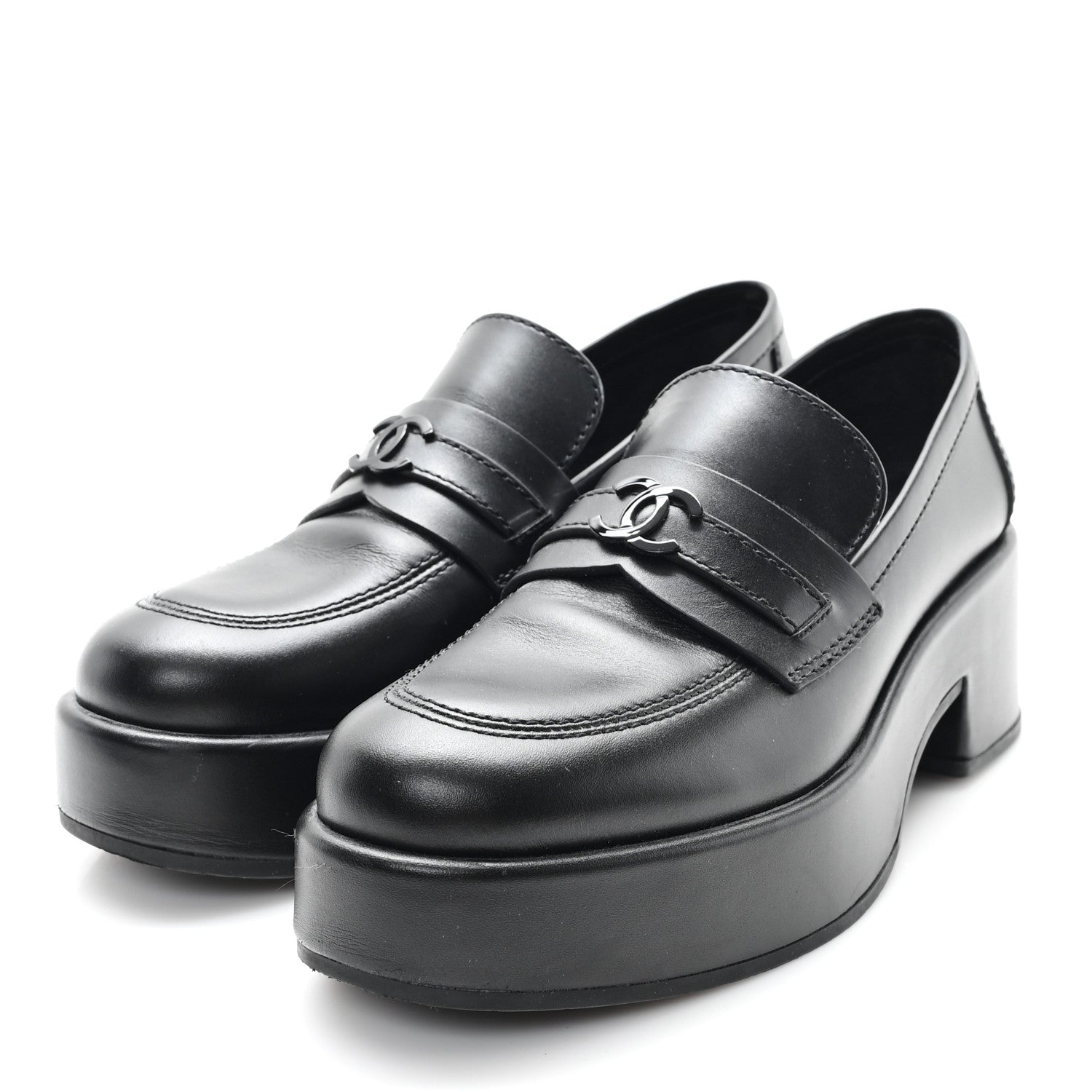 Chanel Calfskin CC Platform Loafers 38 Black