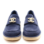 Chanel Suede Calfskin Pearl CC Moccasin Loafers 37 Navy