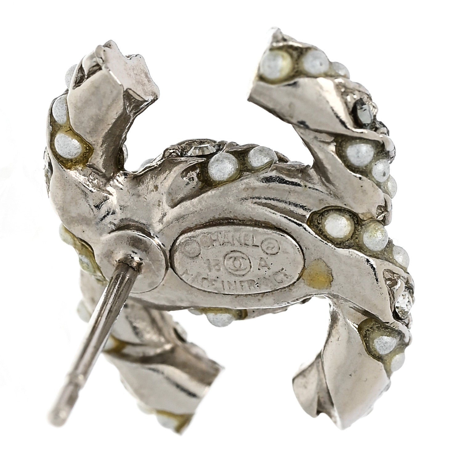 Chanel Crystal Pearl Twisted CC Earrings Silver