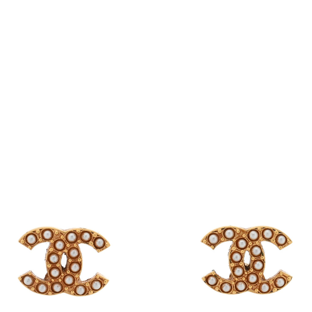 Chanel Pearl Studded CC Earrings Gold
