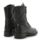 Chanel Sheepskin Quilted CC Tall Lace Up Combat Boots 38.5 Black