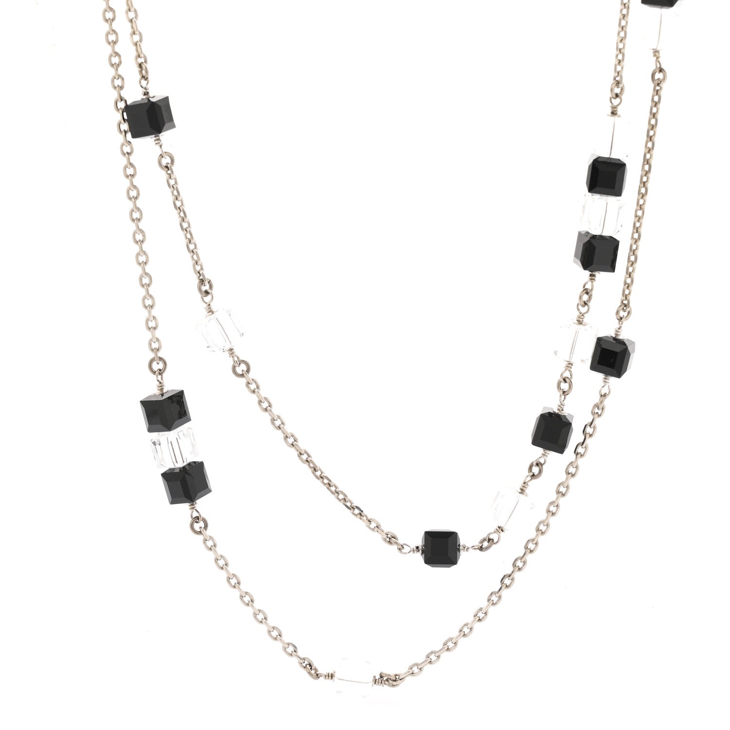 Chanel Crystal Bead CC Long Necklace Silver Black Transparent