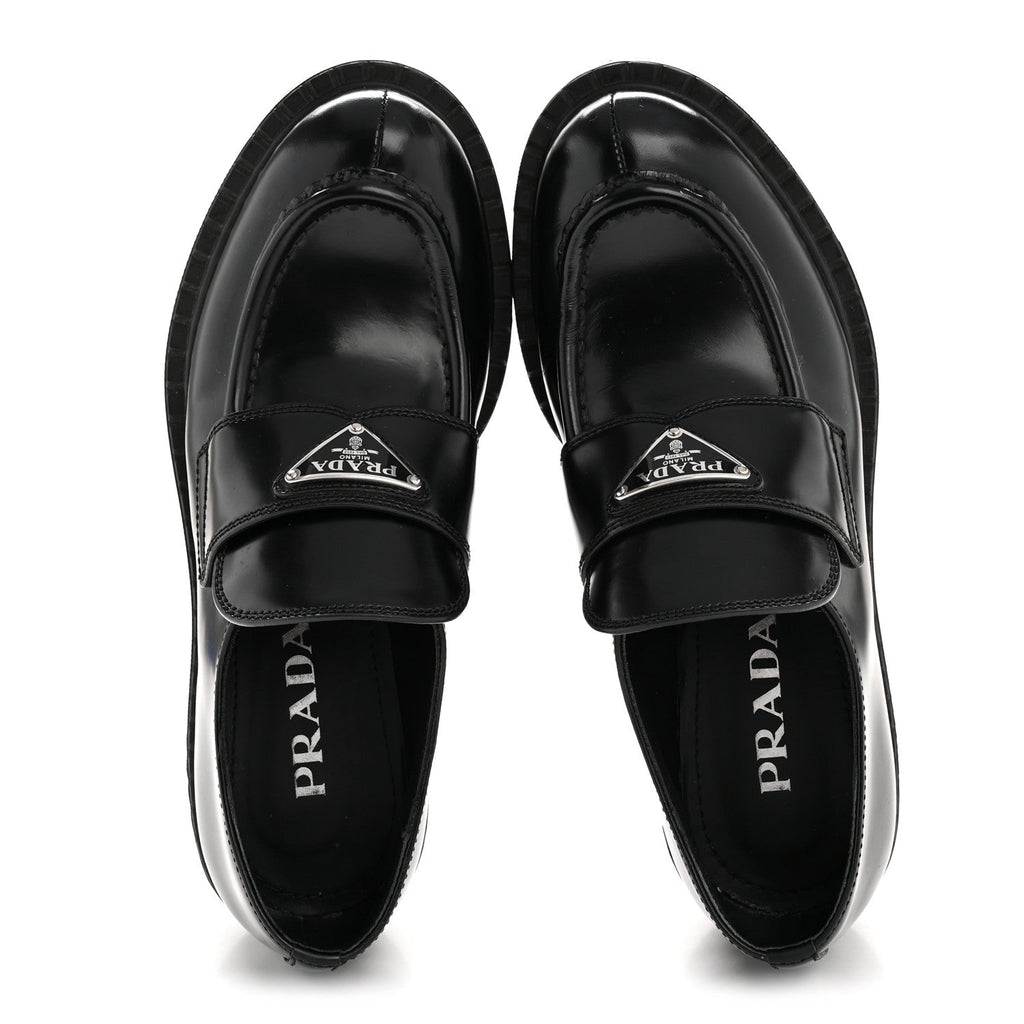 Prada Spazzolato Metal Triangle Logo 50mm Loafers 36.5 Black