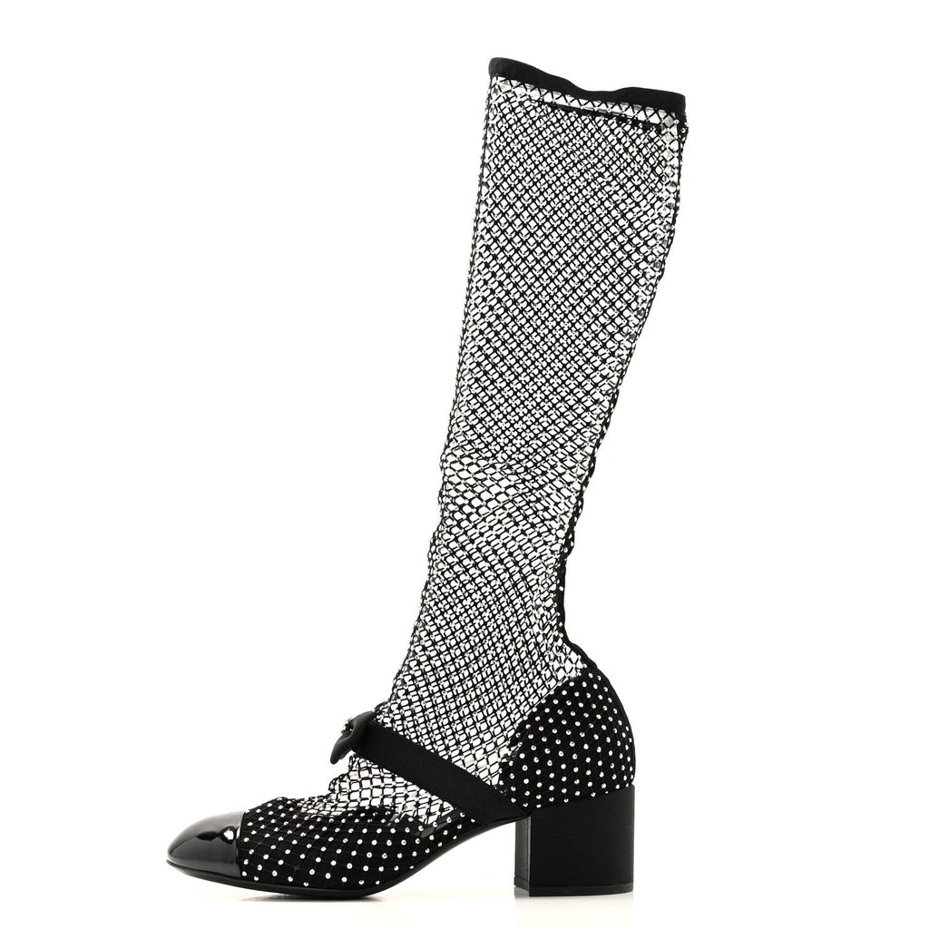 Chanel Mesh Crystal Patent CC Bow High Boots 38.5 Black