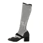 Chanel Mesh Crystal Patent CC Bow High Boots 38.5 Black