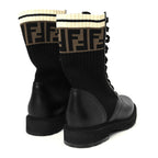 Fendi Calfskin Stretch Fabric Rockoko Biker Boots 36 Tobacco Black Marino