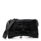 Balenciaga Extra Supple Calfskin Crocodile Embossed Monochrome XS Downtown Shoulder Bag Black