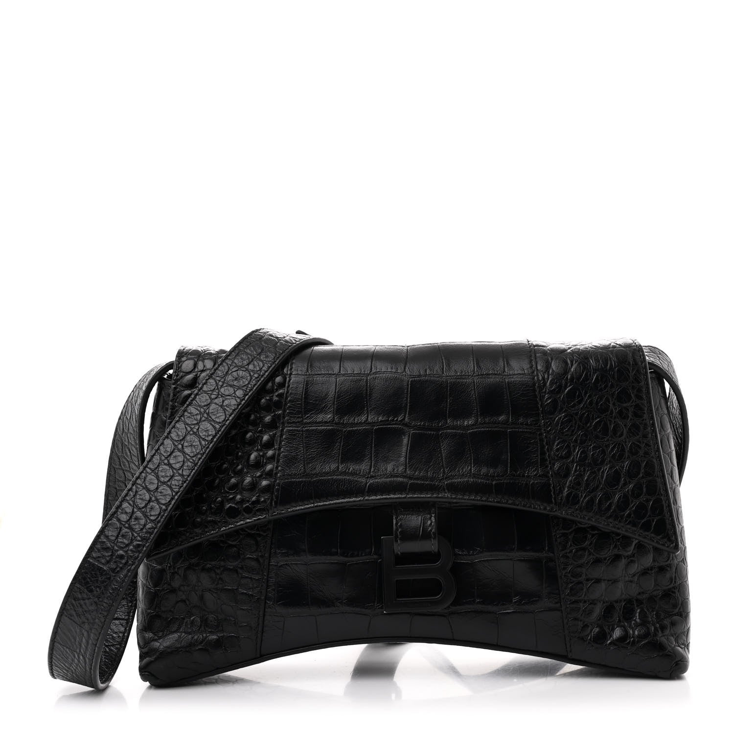 Balenciaga Extra Supple Calfskin Crocodile Embossed Monochrome XS Downtown Shoulder Bag Black