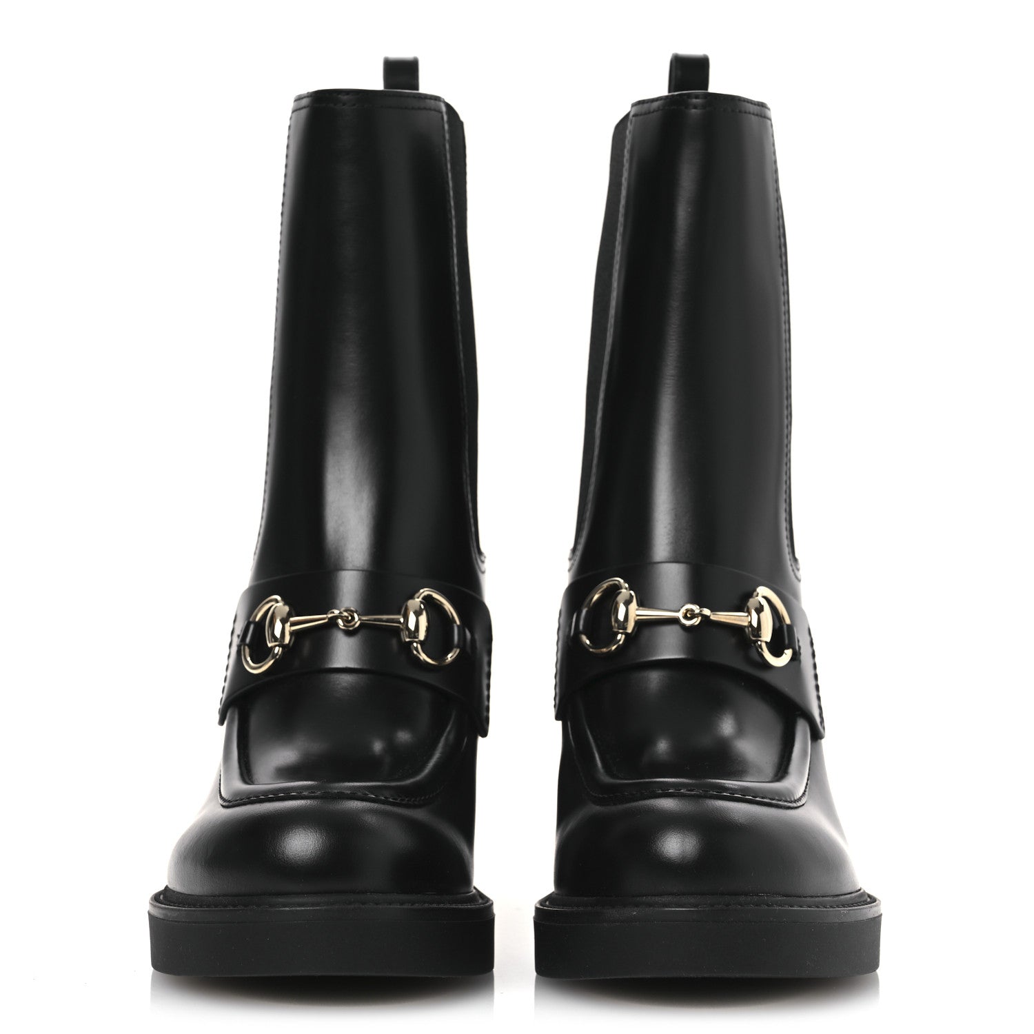 Gucci Calfskin Horsebit Double Stretch Rib Womens Ankle Boots 38.5 Black