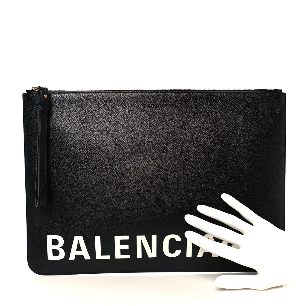 Balenciaga Calfskin Logo Large Cash Pouch With Handle Black White