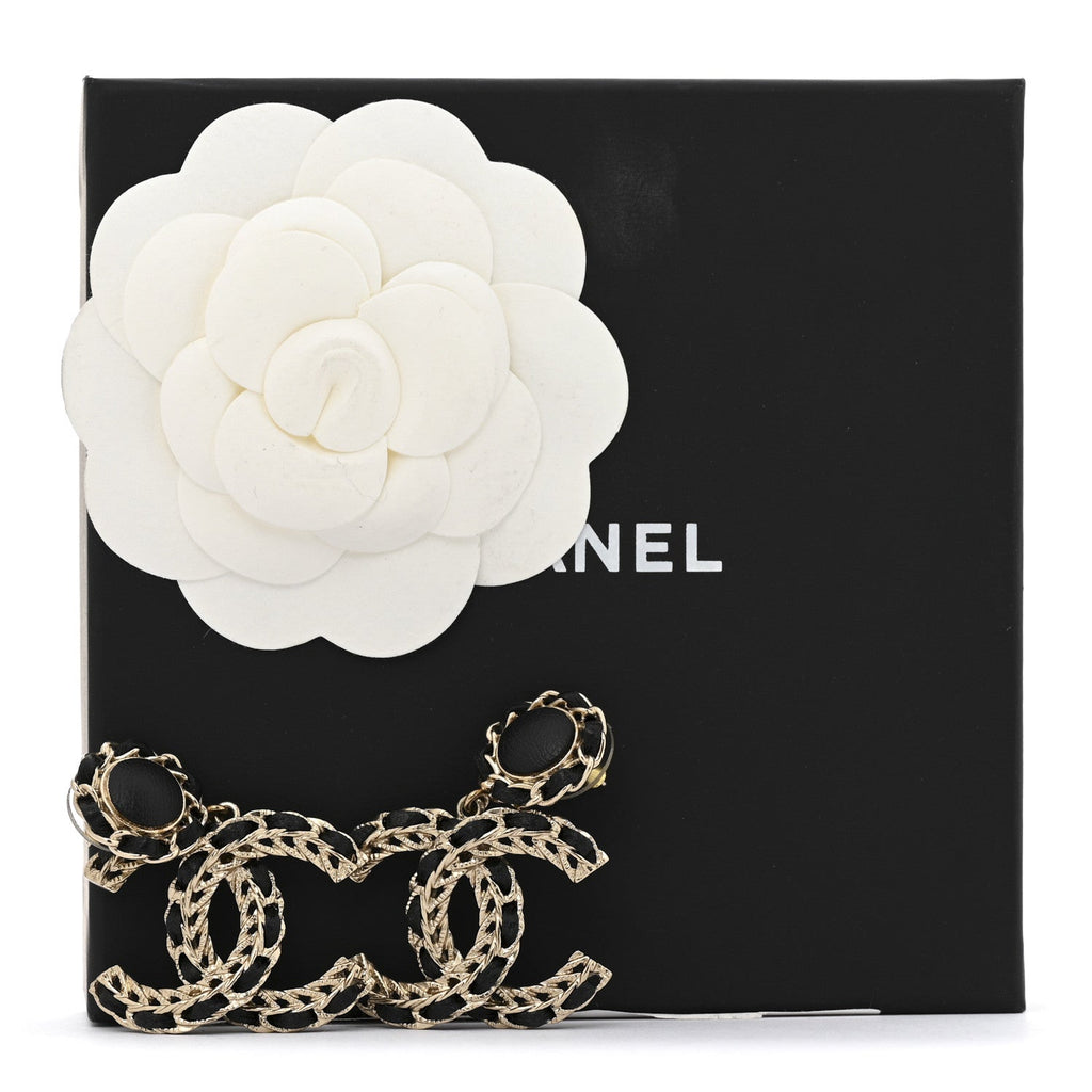Chanel Lambskin CC Chain Drop Earrings Black Gold