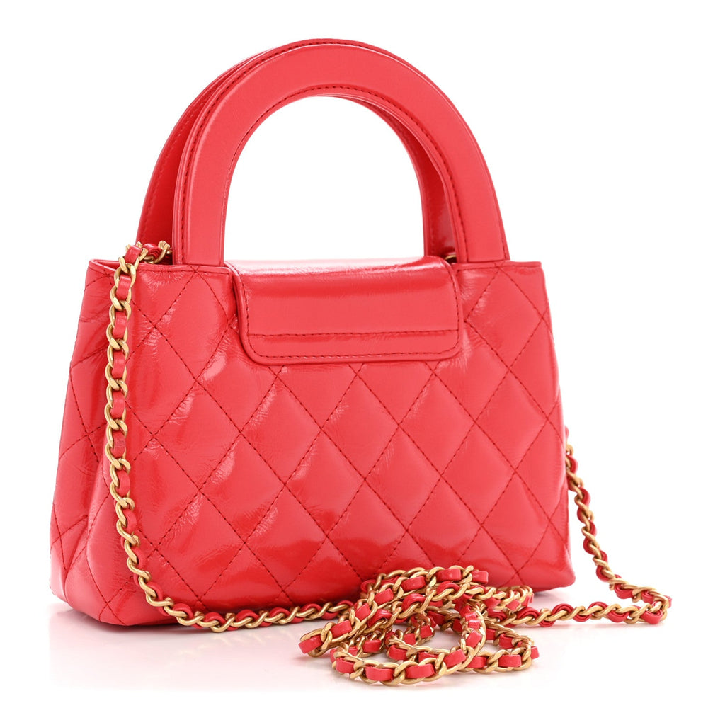 Chanel Shiny Aged Calfskin Quilted Nano Kelly Shopper Red